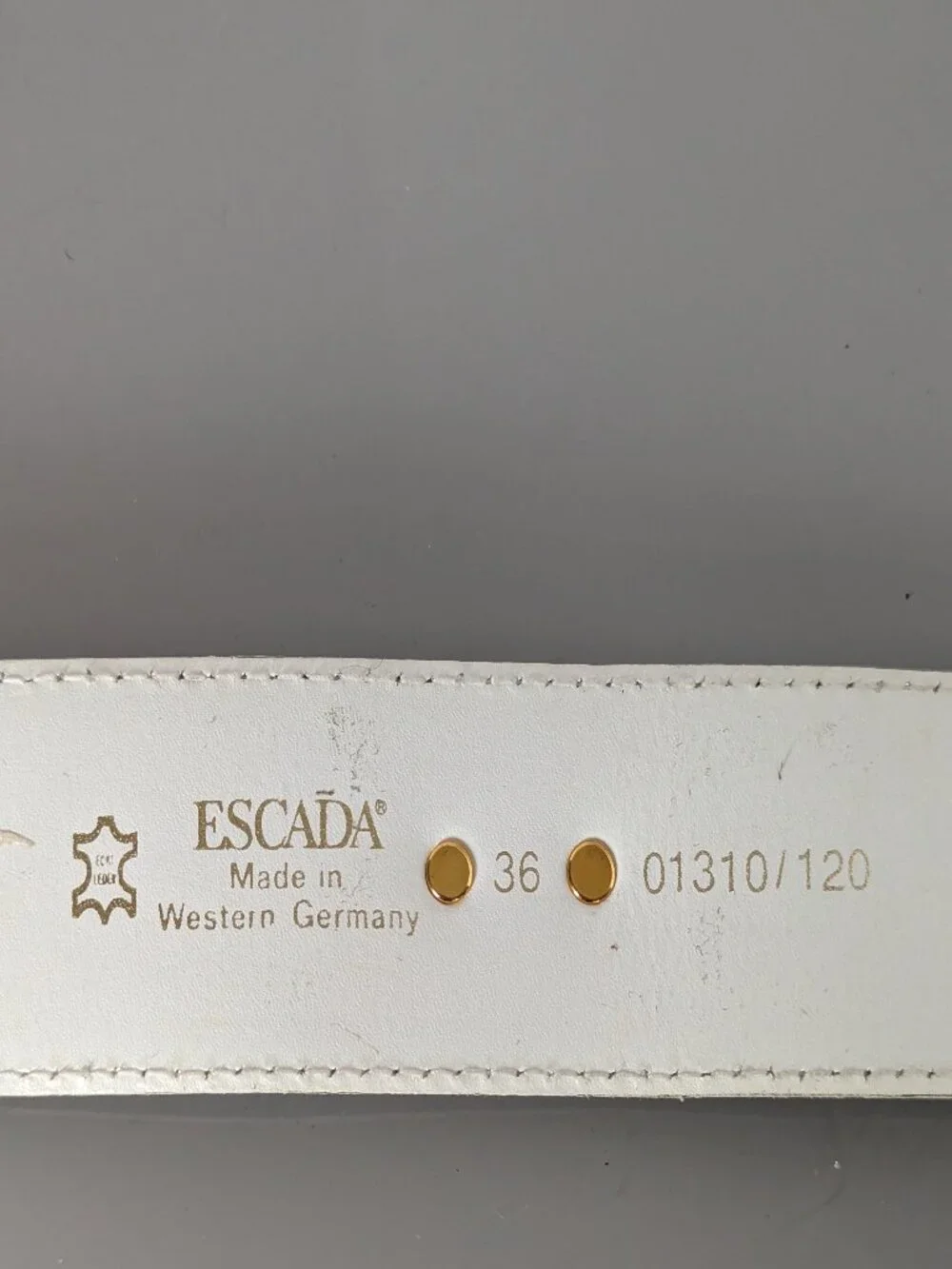 Escada Vintage White Leather Belt Gold Tone Bow Studs Bow Belt Buckle